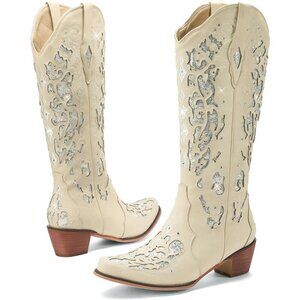 Women White Embroidery Sparkly Rhinestone Chunky Heel Mid Calf Wedding Boots